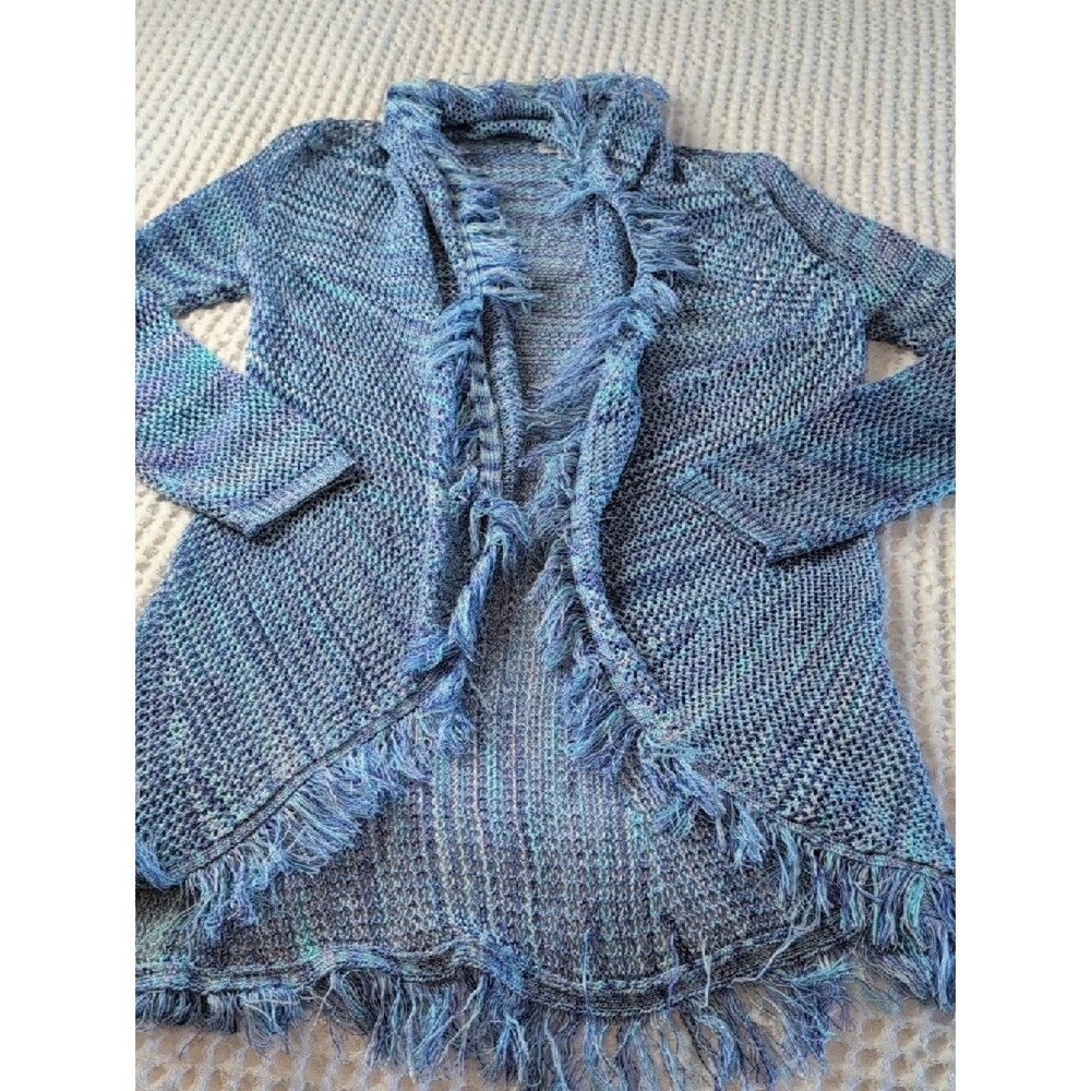 Passport Blue Mixed-Knit Fringe Open Cardigan